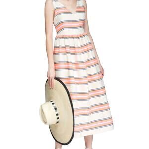 Vilagallo Sleeveless Stripe Print Midi Dress, Coral Navy Cream, Size EU 42, NWT